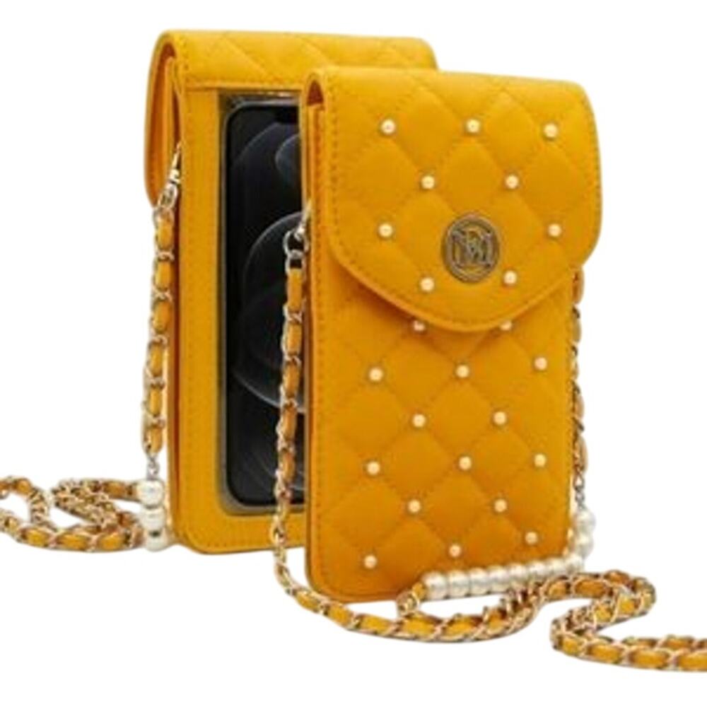 Badgley Mischka Mustard Yellow Quilted Pearl Phone Crossbody Purse NWT